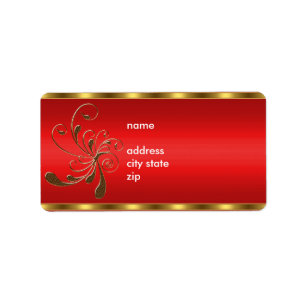 Label Address Gold Floral on Red