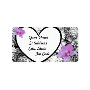 Label, Black and  White Heart, Pink Orchids Label