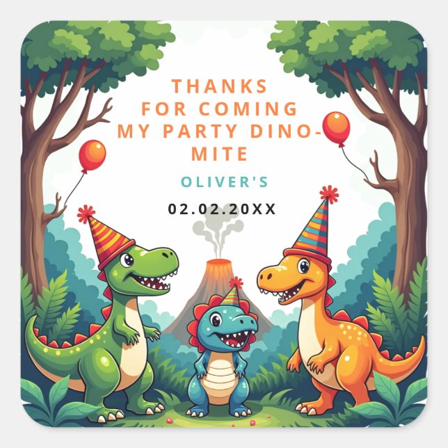 Labels Dinosaur Birthday Party Thank You Stickers (Front)