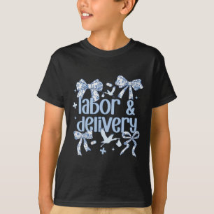 Labor And Delivery Nurse Blue Toile Coquette Bow S T-Shirt