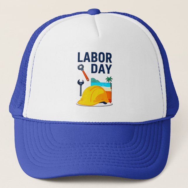 Labor Day Construction Worker Helmet Design Trucker Hat (Front)