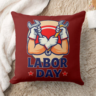 Labor Day Strong Worker Hands Illustration Cushion