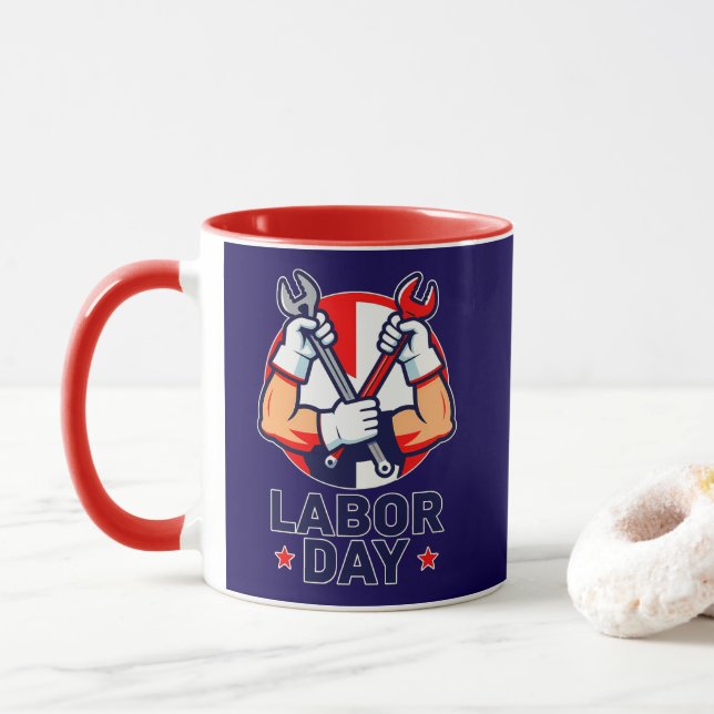 Labor Day Tools Crossed Worker Design Mug (With Donut)