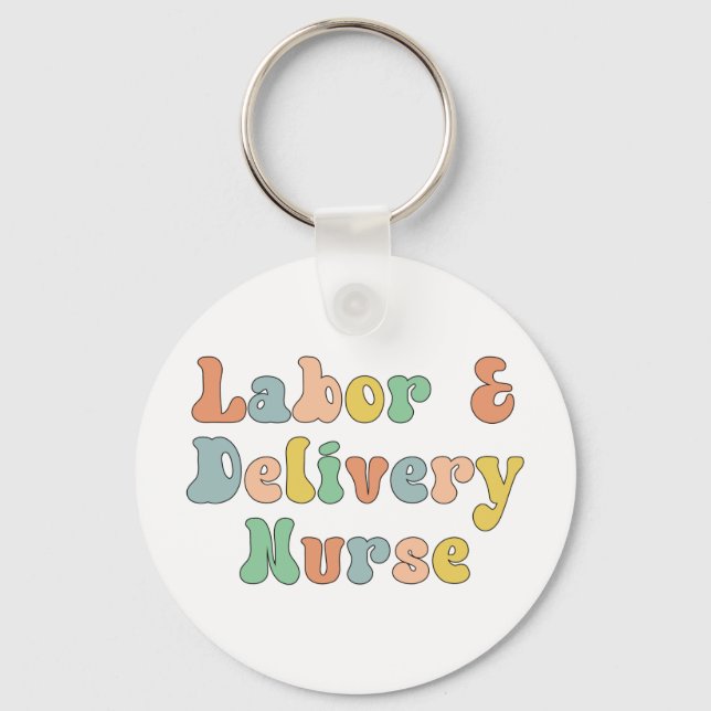 Labour and Delivery Nurse Groovy Retro Key Ring (Front)
