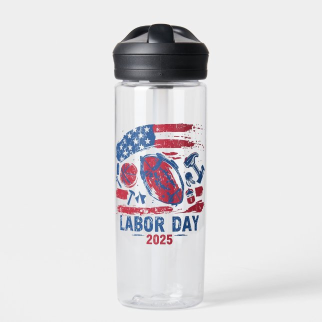 Labour Day 2025 Sports Water Bottle – Work Hard Pl (Front)