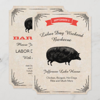 Labour Day Barbecue BBQ Picnic Black Vintage Pig Invitation