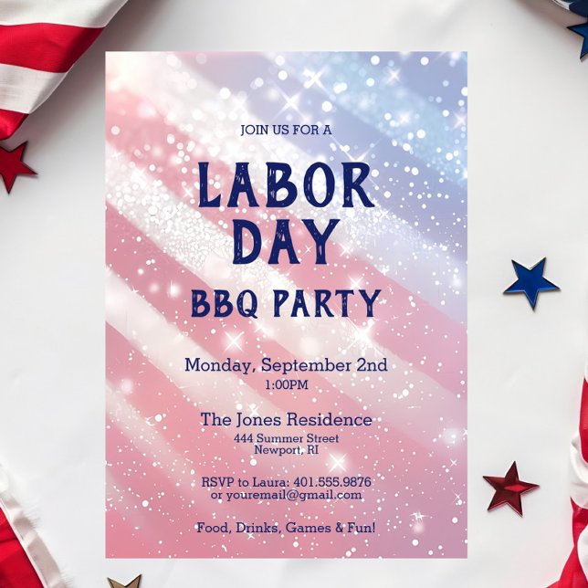 Labour Day BBQ Party Red White Blue Patriotic Invitation (Labor Day BBQ Party Invitation - Patriotic Summer Cookout in Glitter Red, White & Blue)