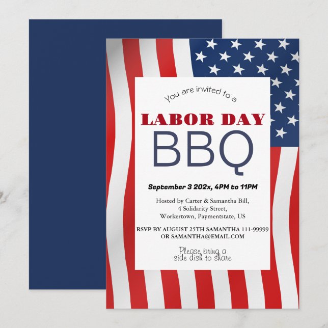 Labour Day BBQ Party Worker Patriotic American fla Invitation (Front/Back)