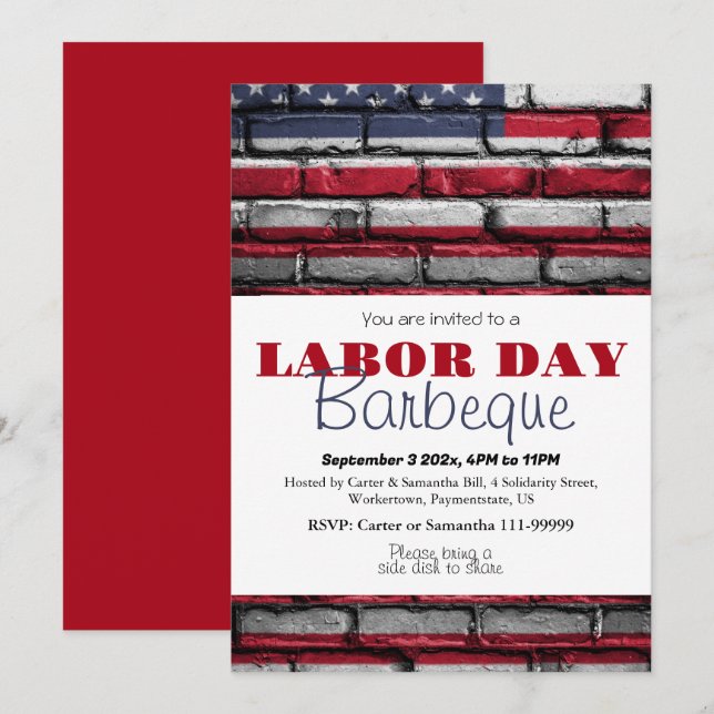 Labour Day BBQ Party Worker Patriotic American fla Invitation (Front/Back)