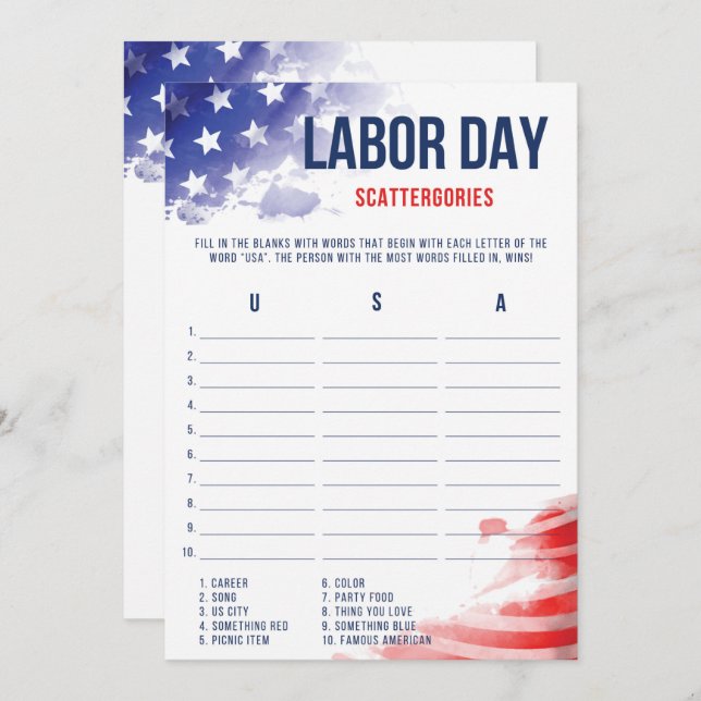 Labour Day Games Patriotic USA Scattergories Game (Front/Back)