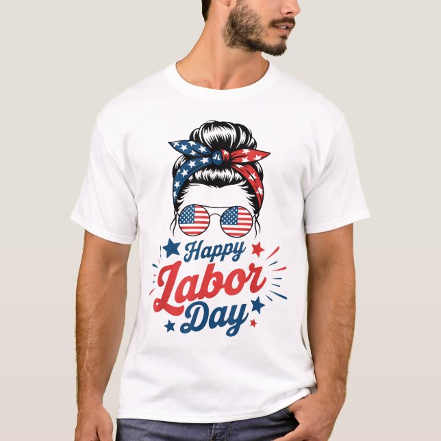 Labour Day Messy Bun Usa Flag Patriotic Women  T-Shirt (Front)
