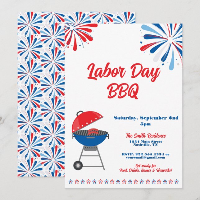 Labour Day Party BBQ Patriotic Red White Blue Invitation (Front/Back)