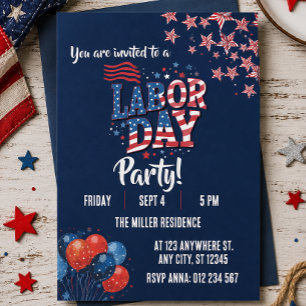 Labour Day Red White Blue Fireworks Party Invitation