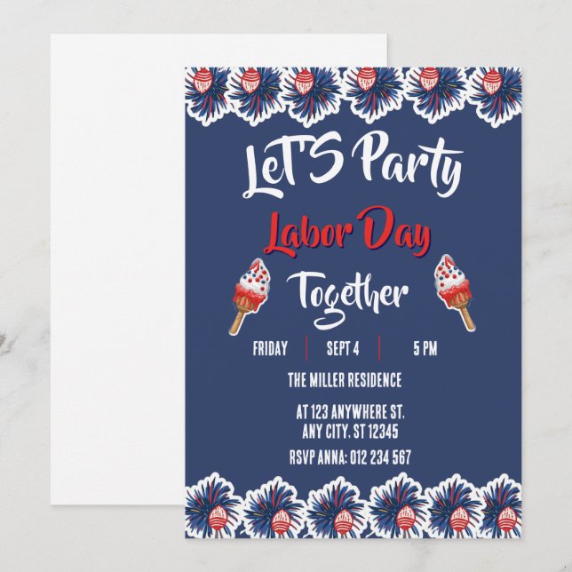 Labour Day Red White Blue Fireworks Party  Invitation (Front/Back)