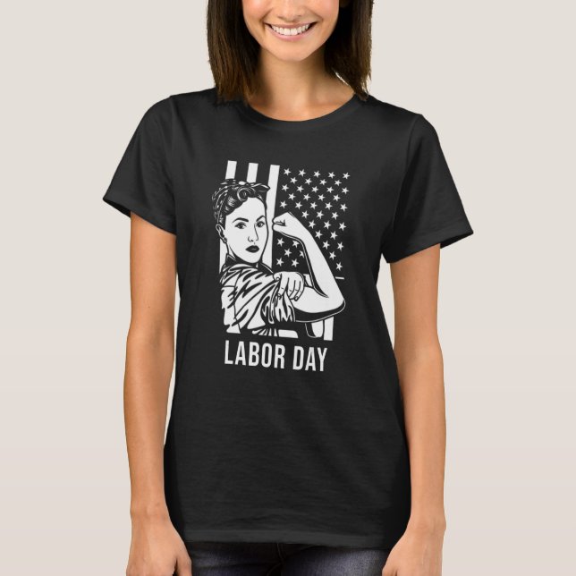 Labour Day Rosie the Riveter Nurse Messy Bun Ameri T-Shirt (Front)