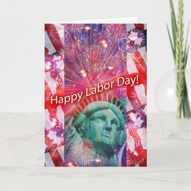 Labour Day Statue of Liberty with Fireworks Card (Front)