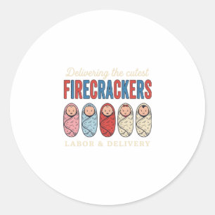 Labour & Delivery Firecrackers Cute Baby Nurse Des Classic Round Sticker