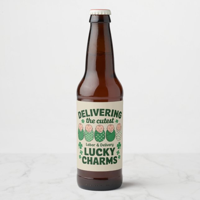 Labour & Delivery Lucky Charm Nurse Shamrock  Beer Bottle Label (Front)
