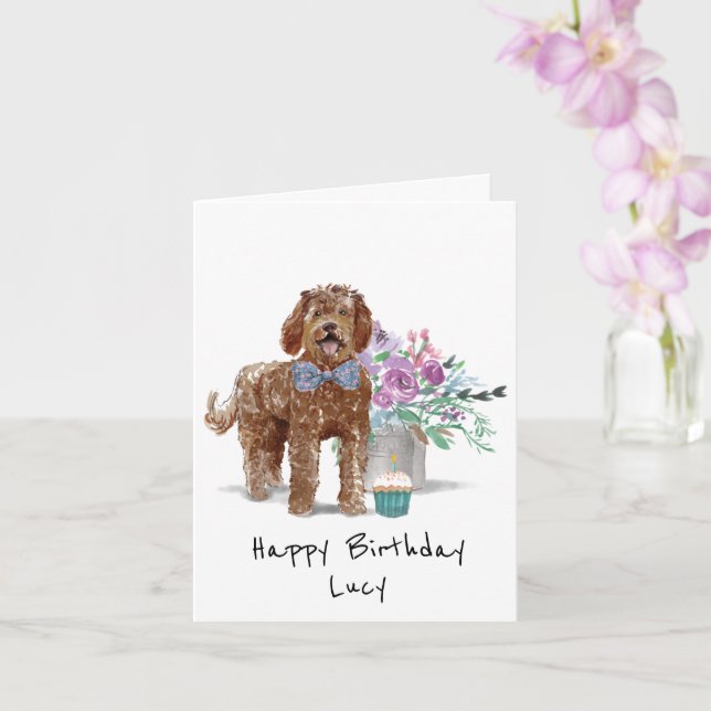 Labradoodle Birthday Card Personalised (Orchid)