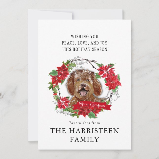 Labradoodle brown Watercolor Poinsettia Christmas Holiday Card (Front)