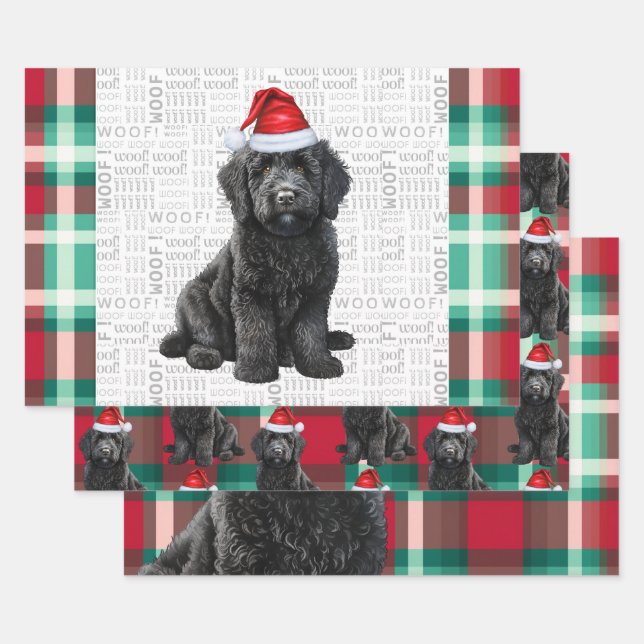 Labradoodle Christmas Dog Red and Green Plaid Wrapping Paper Sheet (Set)