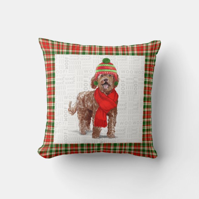 Labradoodle Dog and Holiday Plaid Christmas Cushion (Front)