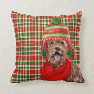 Labradoodle Dog and Holiday Plaid Christmas Cushion