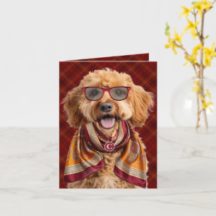 Labradoodle Dog Burgundy Plaid Monogrammed Card