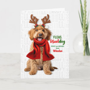 Labradoodle Dog Funny Fleas Navidog with Name Holiday Card