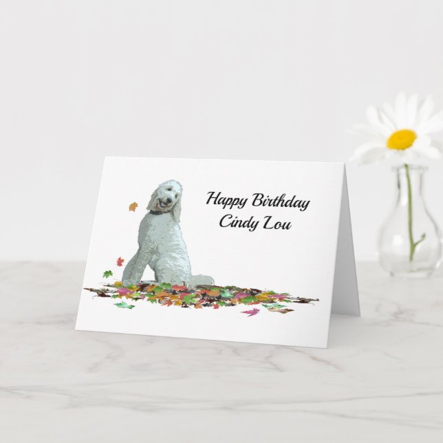 Labradoodle Dog In Leaves Birthday Greeting Card (Small Plant)