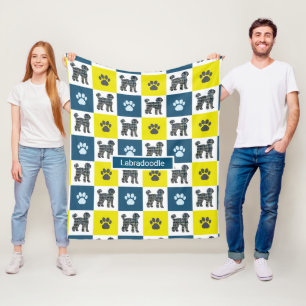 Labradoodle Dog & Paw Print Yellow Grid Silhouette Fleece Blanket