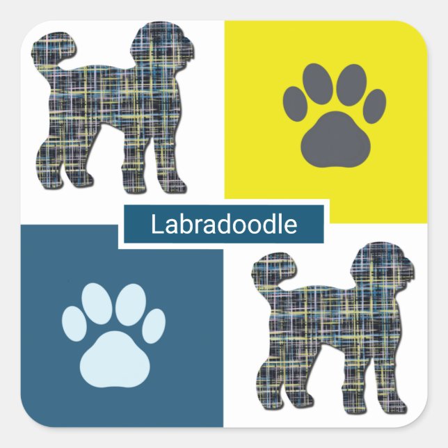 Labradoodle Dog Silhouette & Paw Y&B Grid Square Sticker (Front)