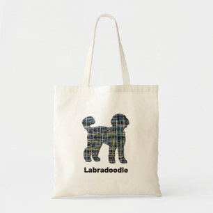 Labradoodle Dog Silhouette Yellow & Blue Grid Line Tote Bag