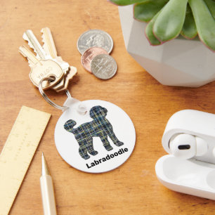 Labradoodle Dog Silhouette Yellow & Blue Grids Key Ring