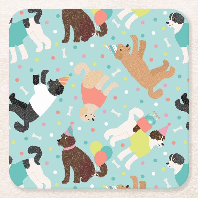 Labradoodle / Goldendoodle Birthday Party Square Paper Coaster (Front)