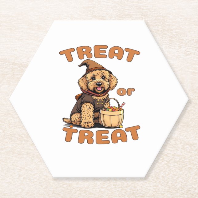 Labradoodle Halloween Dog Costume �Treat or Treat� Paper Coaster (Front)