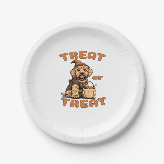 Labradoodle Halloween Dog Costume �Treat or Treat� Paper Plate (Front)