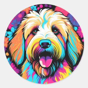 Labradoodle Pop Art Dog With Flowers Classic Round Sticker