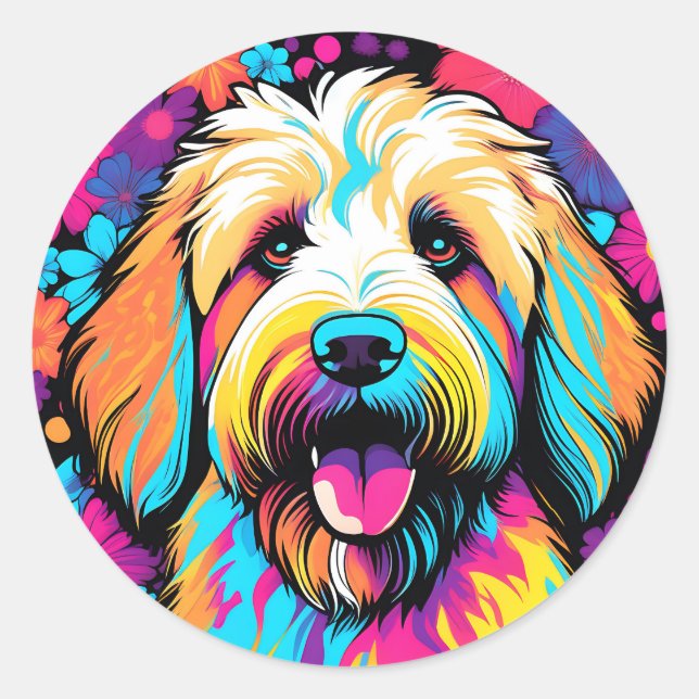 Labradoodle Pop Art Dog With Flowers Classic Round Sticker (Front)