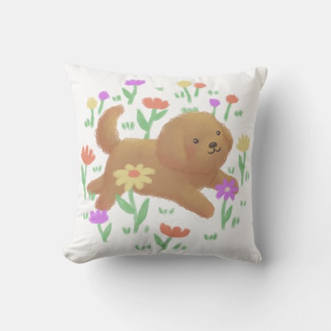 Labradoodle with Flowers Illustration Cushion (Front)