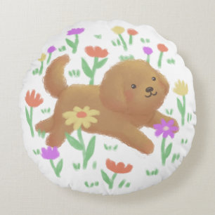 Labradoodle with Flowers Illustration Round Cushion
