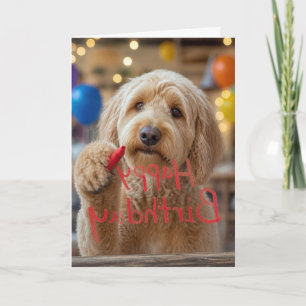 Labradoodle Writing Happy Birthday on Glass Card