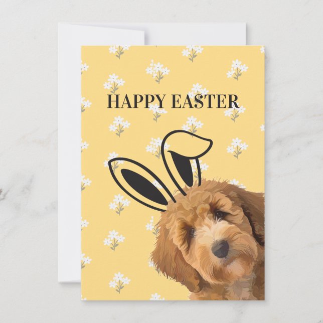 Labradoodle Yellow Floral Bunny Ears Funny Easter Holiday Card (Front)