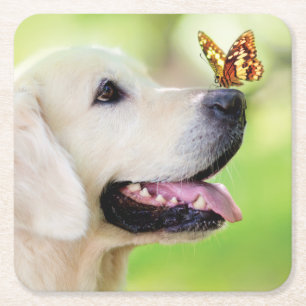 Labrador And Butterfly Throw Pillow Square Paper Coaster