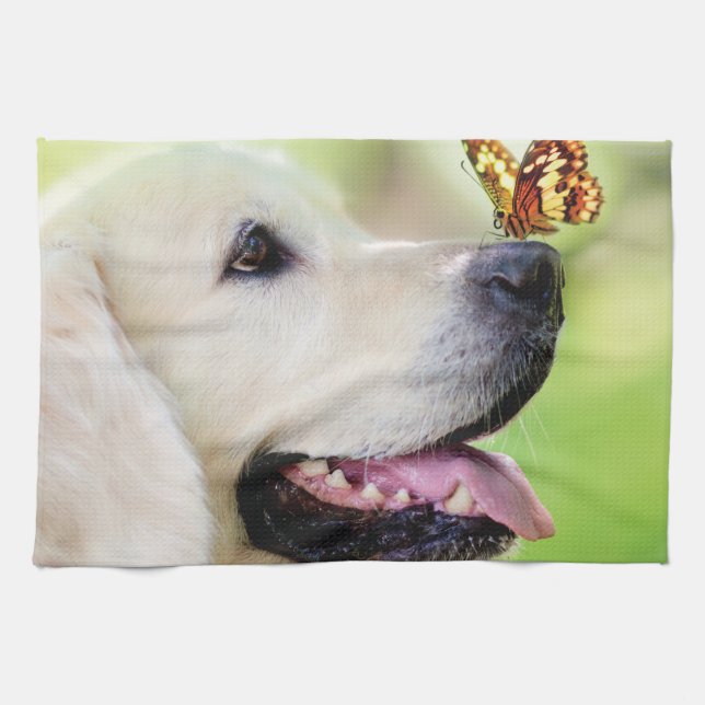 Labrador And Butterfly Throw Pillow Tea Towel (Horizontal)