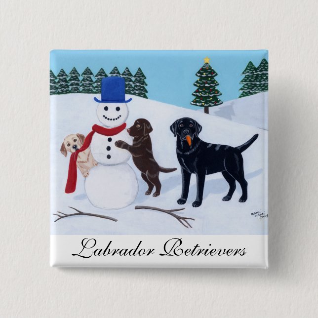 Labrador Christmas with Snowman 15 Cm Square Badge (Front)