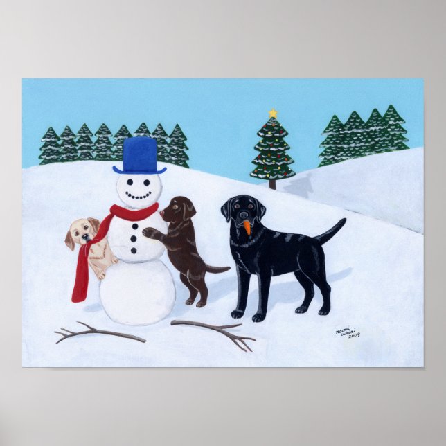 Labrador Christmas with Snowman Artwork Poster (Front)