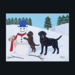 Labrador Christmas with Snowman Holiday Postcard<br><div class="desc">Whimsical Labrador Retriever painting painted by Naomi Ochiai from Japan. Nice for dog lovers who love Labrador Retriever dogs. Yellow Labrador and Chocolate Labrador and Black Labrador are all painted in the picture. Three Labrador dogs are playing with their snowman in the white snow field. Typical Christmas Holiday season scene....</div>