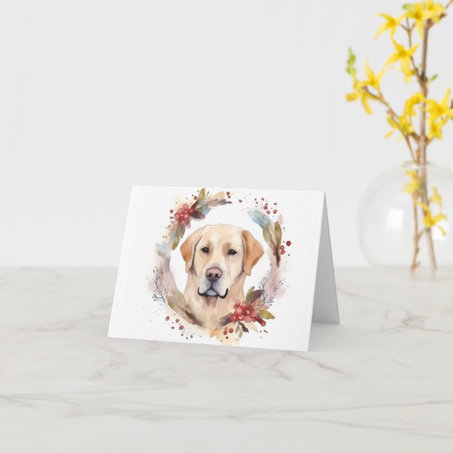 Labrador Christmas Wreath Festive Pup  Card (Yellow Flower)