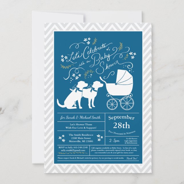 Labrador Dog Baby Shower Blue Boy Lab 2 Dogs Invitation (Front)